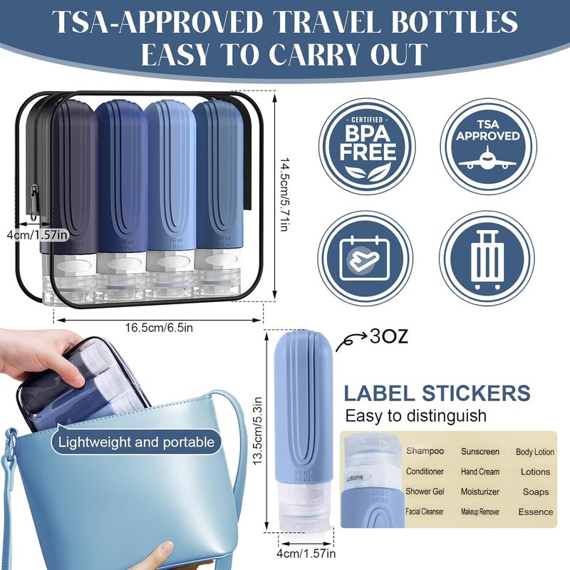 YIIMER Travel Bottles for Toiletries, 3oz TSA Approved Travel Size Toiletries, Silicone Leak-Proof Refillable Containers, Squeezable Liquid Essentials Bottles W/Clear Bag (BLUE) - Image 5
